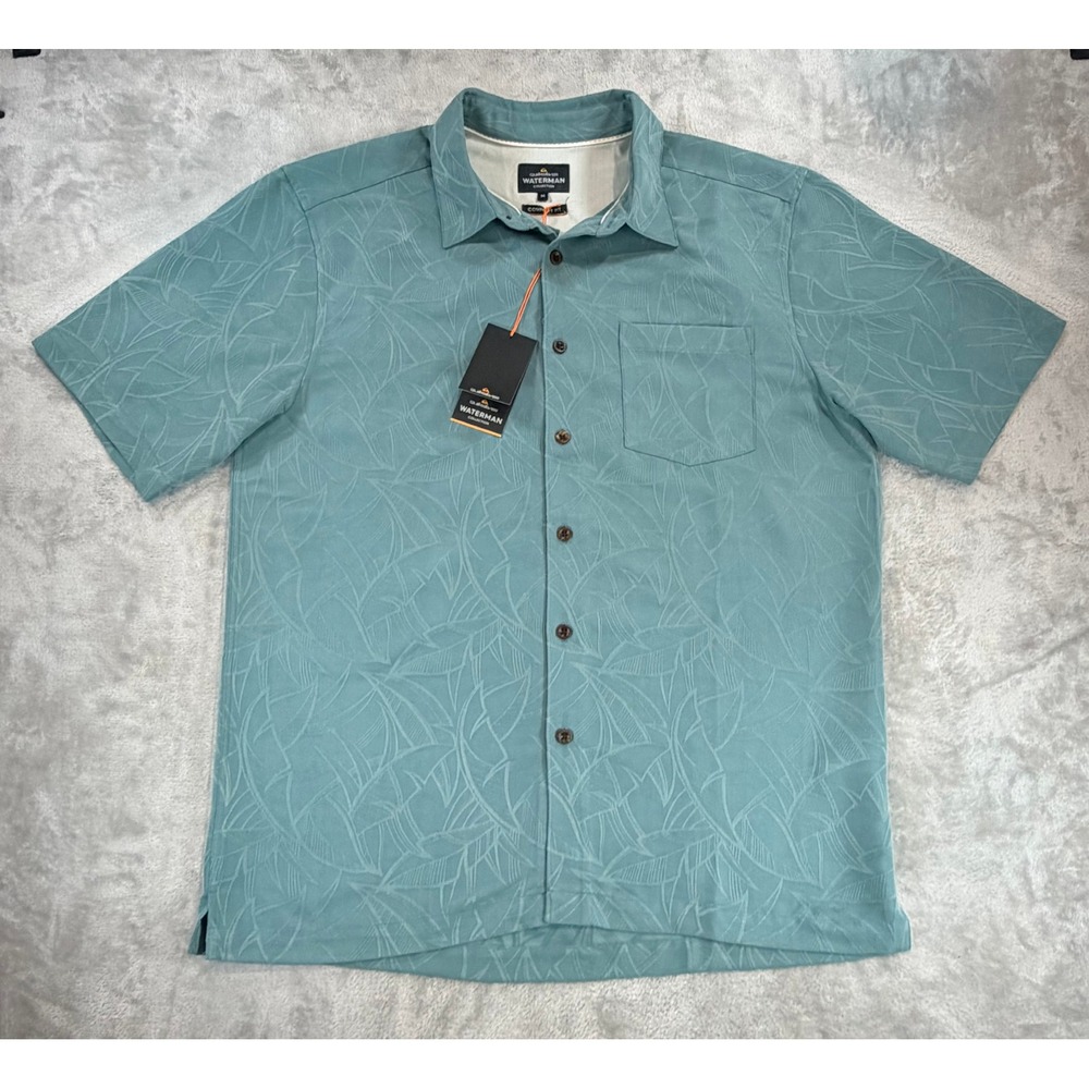 NWT Quiksilver Waterman Collection Hawaiian Island Jungle Button Up Shirt Teal M